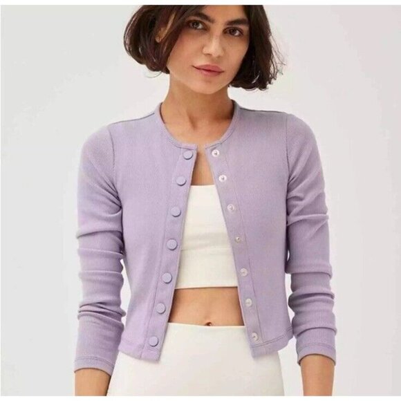 Outdoor Voices NWT CozyRib Cropped Cardigan Earl Grey Light Purple Size Small - Picture 2 of 8